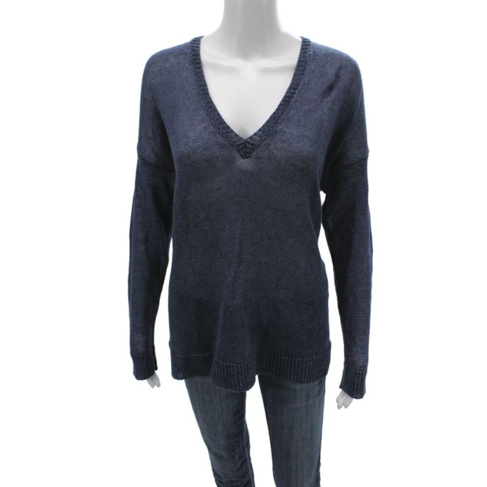 Margaret OLeary Women Blue Linen V-Neck Pullover Sweater Long Sleeve Size L